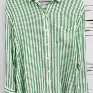 Rails Green White Striped Linen Button Down Shirt Blouse Size M